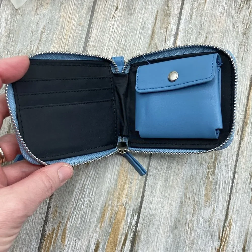 Women's Blue Washed Denim Flower Embroidered Wristlet Wallet Bag Purse